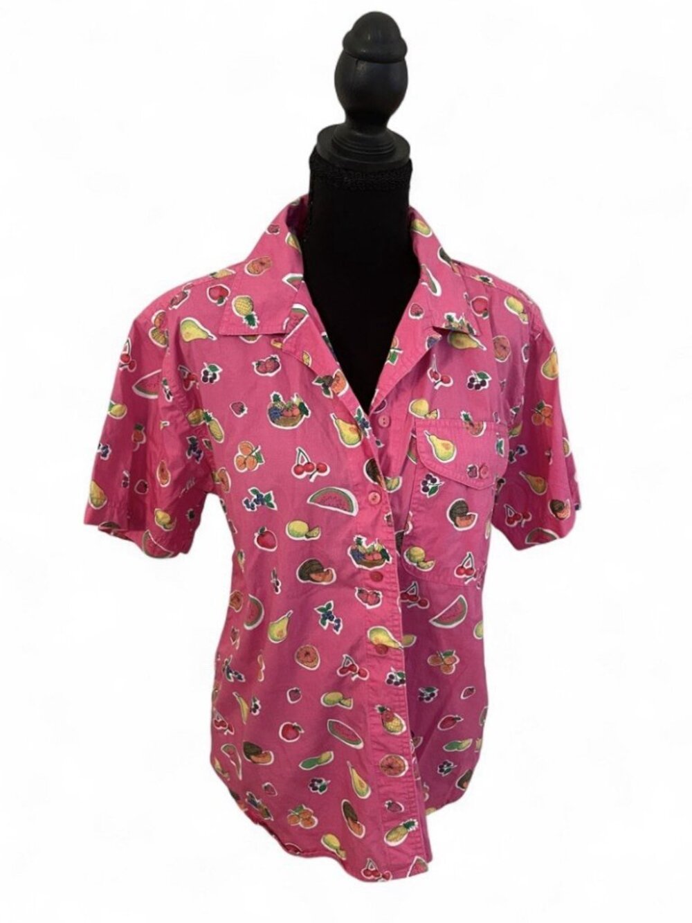 90s Vintage Fruit Shirt Cotton Pink Colorful Whimsical Funky Button Down Top M/L
